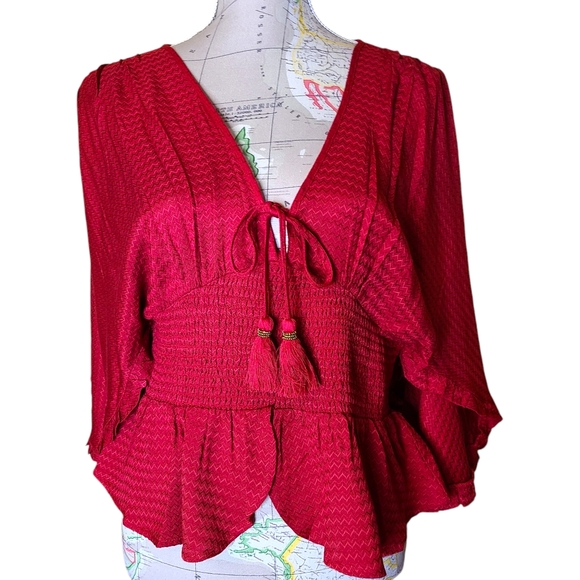 NWT Band of the Free Size Large Red Kacey Split Sleeve Peplum Blouse Bohemian - Picture 2 of 16